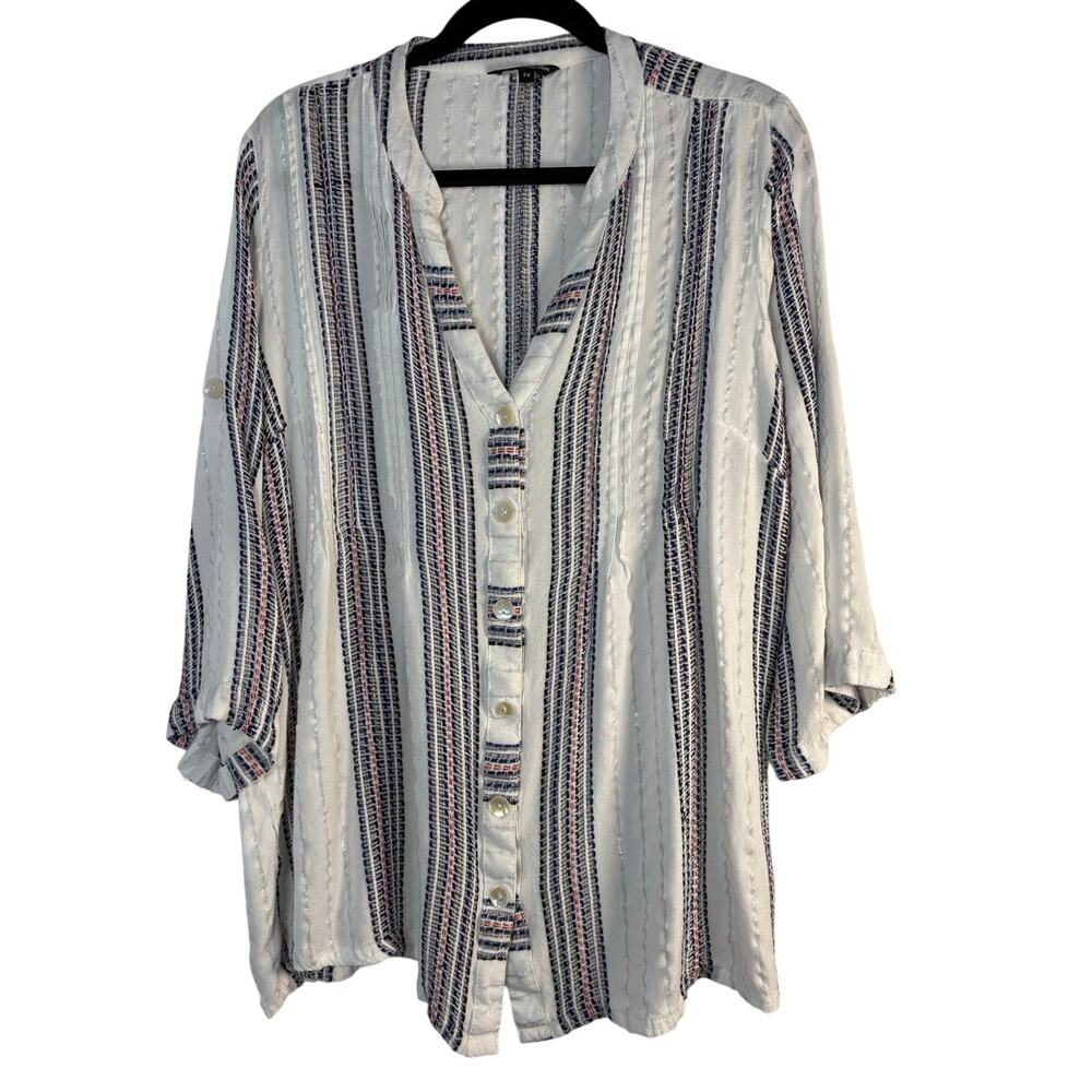 Club Z Collection Striped Split Neck Tunic Blouse Boho Roll Tab Shimmer Top 2X